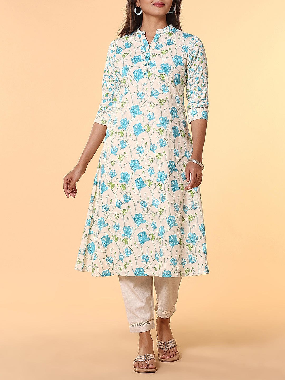 Multi colour cotton flax printed kurti with lace detailing